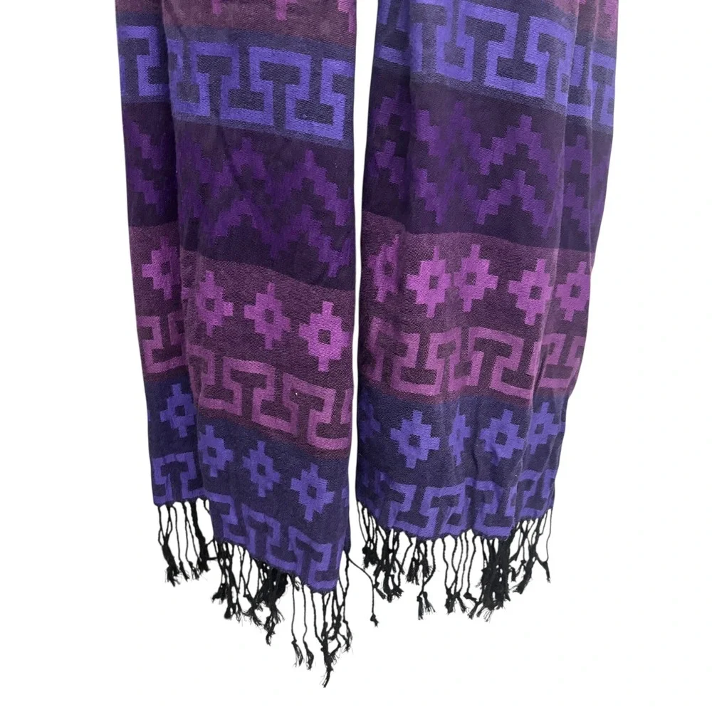 Purple Andean Llama Geometric Sun Motif Fringed Shawl Wrap‎ Scarf